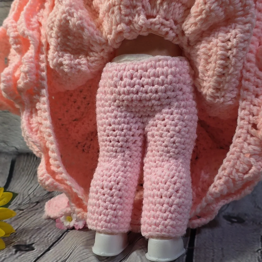 Vintage Angel Doll Brunette Crochet Dress and Accessories Pink 14